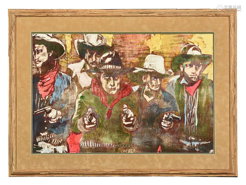 MAX WEBER: FRAMED OIL ON CANVAS PAINTING 'COWBOYS'