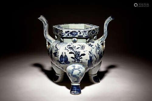 LARGE BLUE AND WHITE 'EIGHT IMMORTALS' TRIPOD CENSER WITH HANDLES