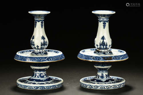 PAIR OF BLUE AND WHITE CANDLE HOLDERS