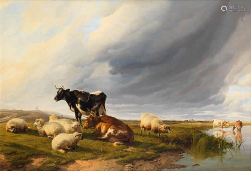 Cattle and sheep in a watermeadow Thomas Sidney Cooper, RA(British, 1803-1902)