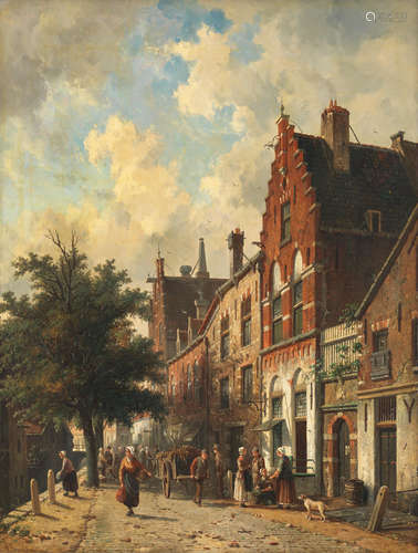 Busy street scene, Delft Adrianus Eversen(Dutch, 1818-1897)