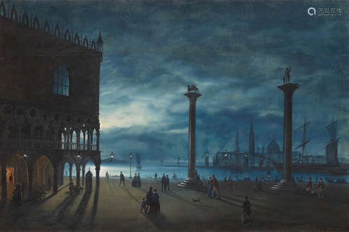 Venezia, veduta notturna con la Piazzetta San Marco e il Molo, con vista sull'Isola di San Giorgio Ippolito Caffi(Italian, 1809-1866)