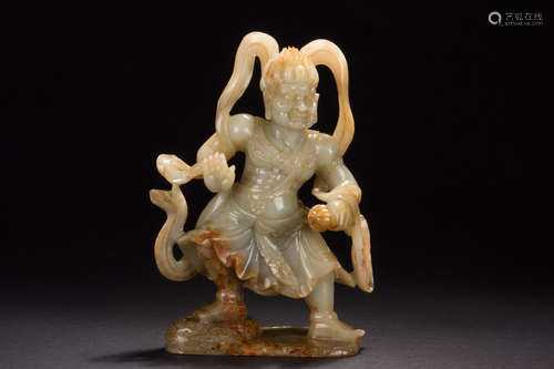 CELADON JADE CARVED WRATHFUL DEITY