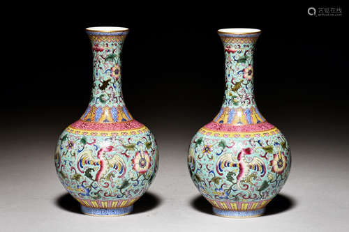 PAIR OF FAMILLE ROSE 'PHOENIX AND FLOWERS' VASES