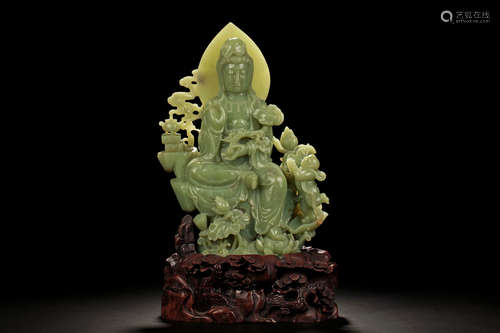 JADE CARVED GUANYIN AND CHILD FIGURE WITH WOODEN STAND