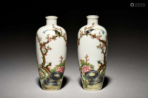 PAIR OF FAMILLE ROSE 'FLOWERS AND CALLIGRAPHY' VASES