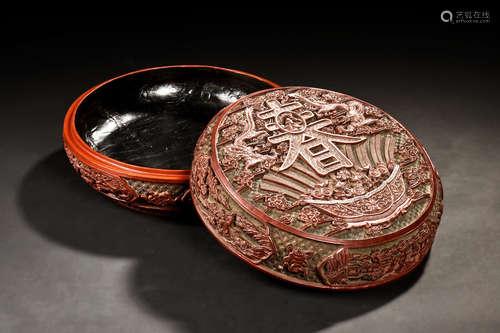 CINNABAR LACQUER CARVED ROUND BOX WITH COVER