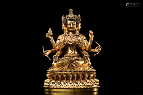 GILT BRONZE CAST EIGHT-ARM AVALOKITESHVARA SEATED FIGURE