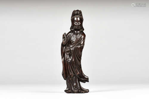 WOOD CARVED 'GUANYIN' STANDING FIGURE