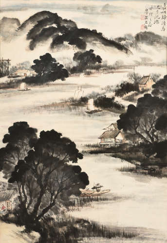 WU SHIXIAN: FRAMED INK AND COLOR ON PAPER PAINTING 'LANDSCAPE SCENERY'
