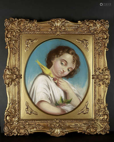 PASTEL PORTRAIT OF A BOY PLAYING WITH A CANARY