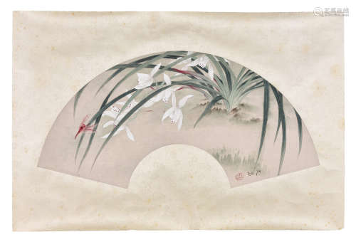 ZHANG WENCHANG: INK AND COLOR ON PAPER FAN LEAF PAINTING