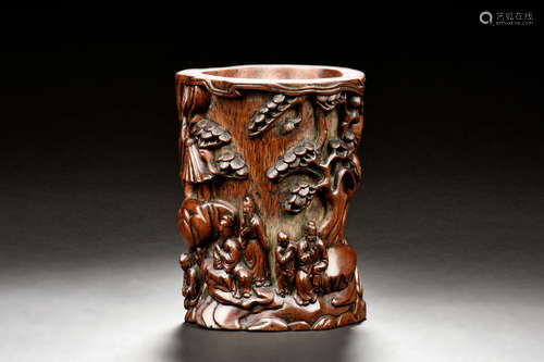 AGARWOOD CARVED 'SCHOLARS IN FOREST' BRUSH POT