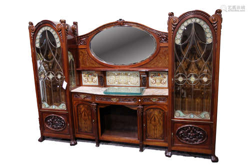 ART NOUVEAU CARVED MAHOGANY SIDEBOARD BUFFET HUTCH