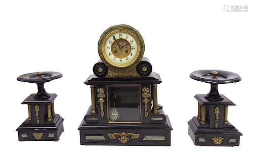 FRENCH THREE-PIECE BLACK SLATE CLOCK SET