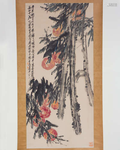 SCROLL OF SHOUTAO PAINTING SIGNED WU, CHANGSHUO