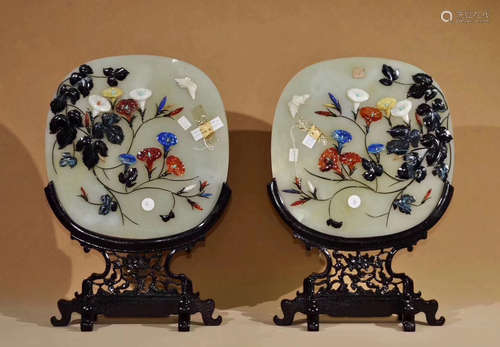 PAIR WHITE JADE DECORATED SCREENS