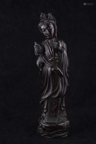 A TAOIST HE IMMORTAL SHAPED WOOD CARVING