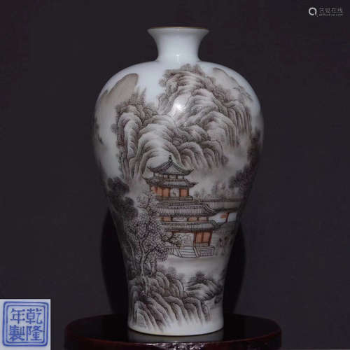 A INK LANDSCAPE DECORATED MEI VASE WITH MAKR