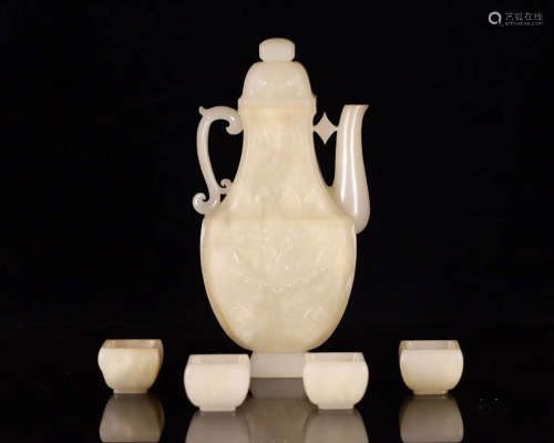 SET OF HETIAN JADE CARVED WINE POT AND CUPS