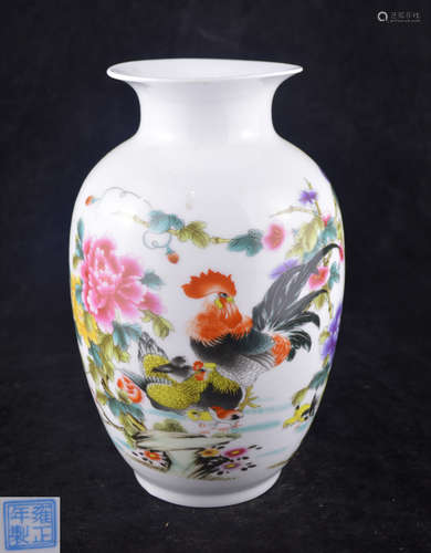 A ENAMELED FLORAL&ROOSTER PATTERN VASE