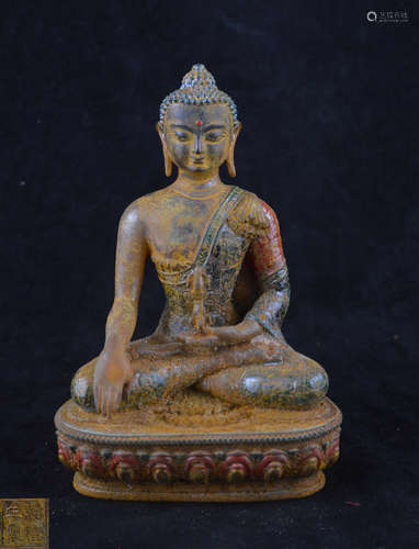 A BRONZE MOLDED COLOR BUDDHA STATUE