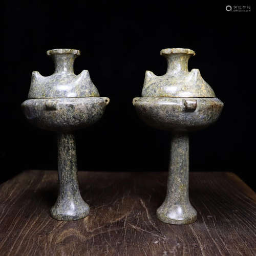 PAIR OF HETIAN JADE CARVED UTENSIL CENSERS