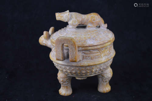 A JADE STONE CARVED TRIPOD CENSER