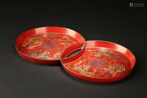 CHINESE LACQUER WOOD DRAGON TRAY