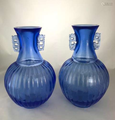 A Pair of Sapphire-Blue Peking Glass vases, Qing dynasty seal marks.
