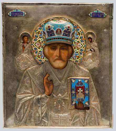 An Icon of St. Nicholas the Wonderworker with Cloisonne Enameled Oklad.