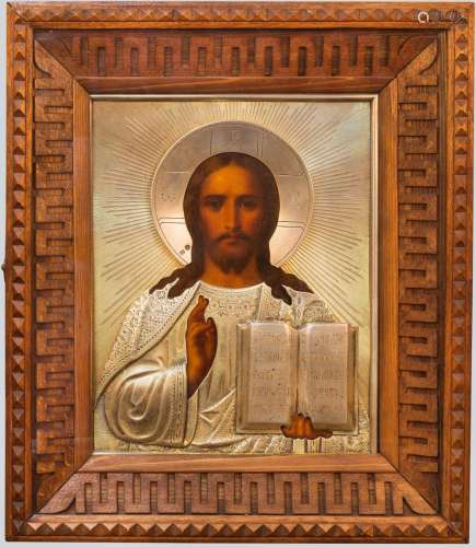 An Icon of Christ Pantocrator with Gilt Silver Oklad by Grachev.