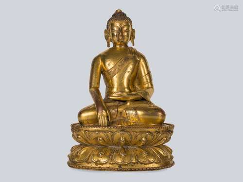 A Rare Gilt Bronze Figure of Shakyamuni, Tibet 13-14th Century.