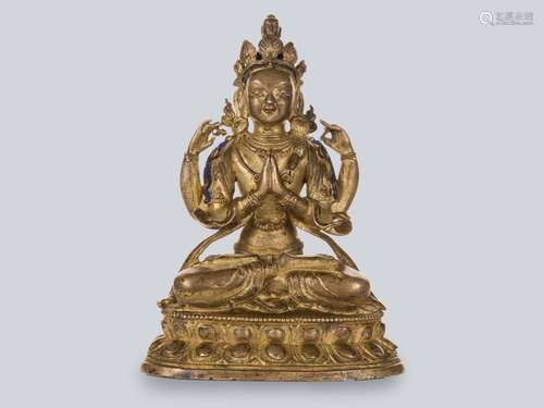 A Gilt Bronze Figure of Sadakshiri Lokeshvara, Tibet 18th Century.