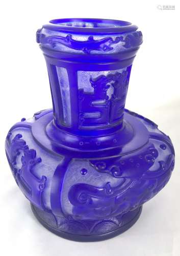 A Sapphire-Blue overlay white Peking Glass vase, Qing dynasty seal mark.