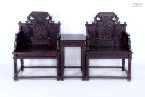 A PAIR OF MING DYNASTY STYLE ROSEWOOD CHAIRS WITH A TEA TABLE