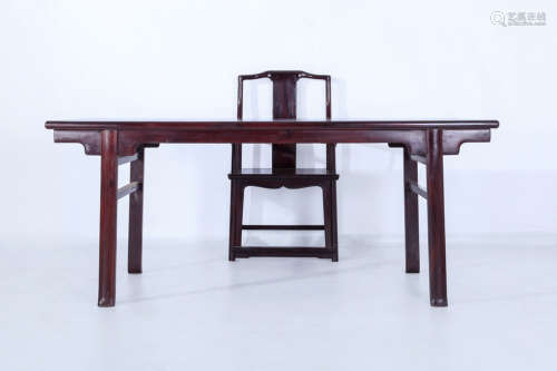 17-19TH CENTURY, A ROSEWOOD TABLE AND DOUBLE ROSEWOOD CHAIRS, QING DYNASTY