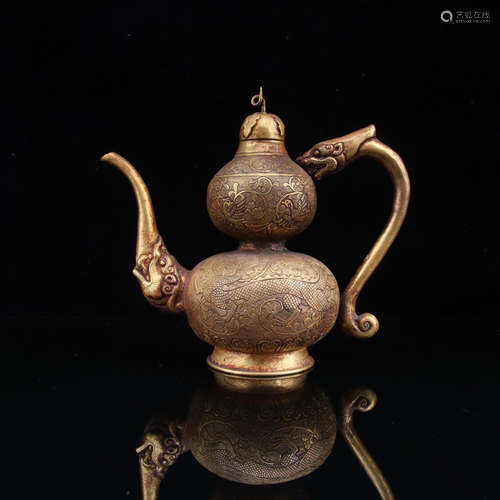 7-9TH CENTURY, A GILT BRONZE GOURD DESIGN TEAPOT, TANG DYNASTY