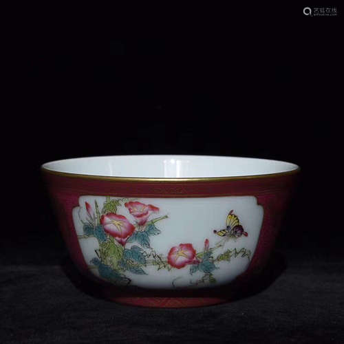 A PAIR OF FLORAL&BUTTERFLY PATTERN CARMINE RED ENAMELS CUPS