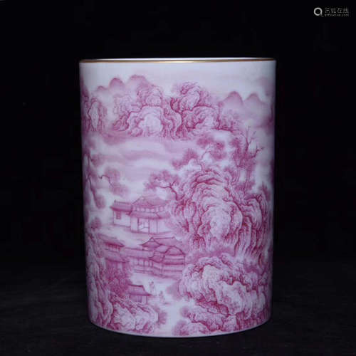 A LANDSCAPE PATTERN CARMINE COLOR PEN HOLDER