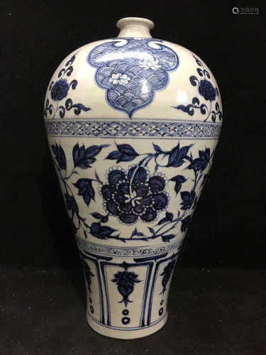 13-14TH CENTURY, A BLUE&WHITE FLORAL PATTERN PLUM VASE, YUAN DYNASTY