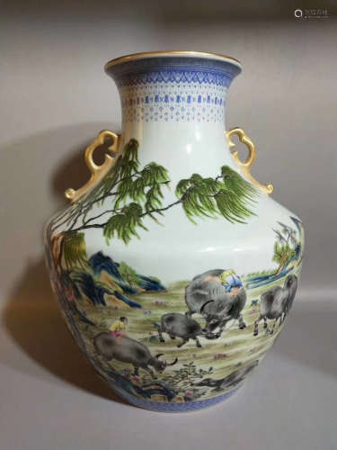 17-19TH CENTURY, A PASTORAL STYLE DOUBLE-EAR VASE, QING DYNASTY