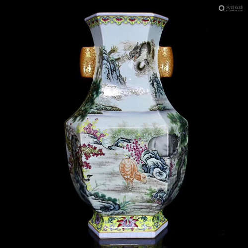 17-19TH CENTURY, A FAMILLE ROSE DOUBLE EARS SIX-ARRISES DESIGN VASE, QING DYNASTY