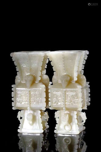 A PAIR OF HETIAN JADE SQUARE GU GOBLETS