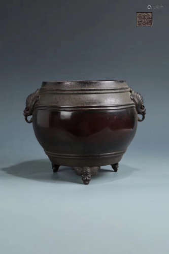 14-16TH CENTURY, A DOUBLE-EAR DRUM DESIGN BRONZE FURNACE, MING DYNASTY
