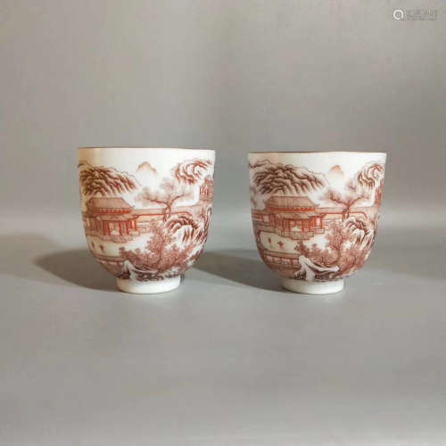 17-19TH CENTURY, A PAIR OF LANDSCAPE PATTERN COLOUR ENAMELS CUPS, QING DYNASTY