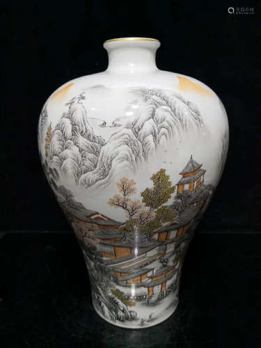 17-19TH CENTURY, A LANDSCAPE PATTERN INK COLOR PLUM VASE, QING DYNASTY