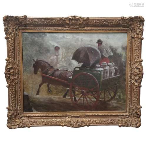 Antique Oil Painting on Canvas of Horse Drawn Carriage