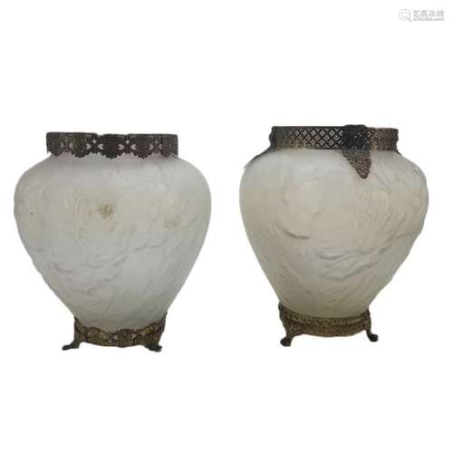 Two vintage frosted glass vase with gilded brass overla