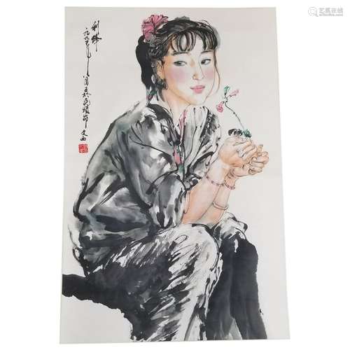 Chinese Painting of Girl with a Flower